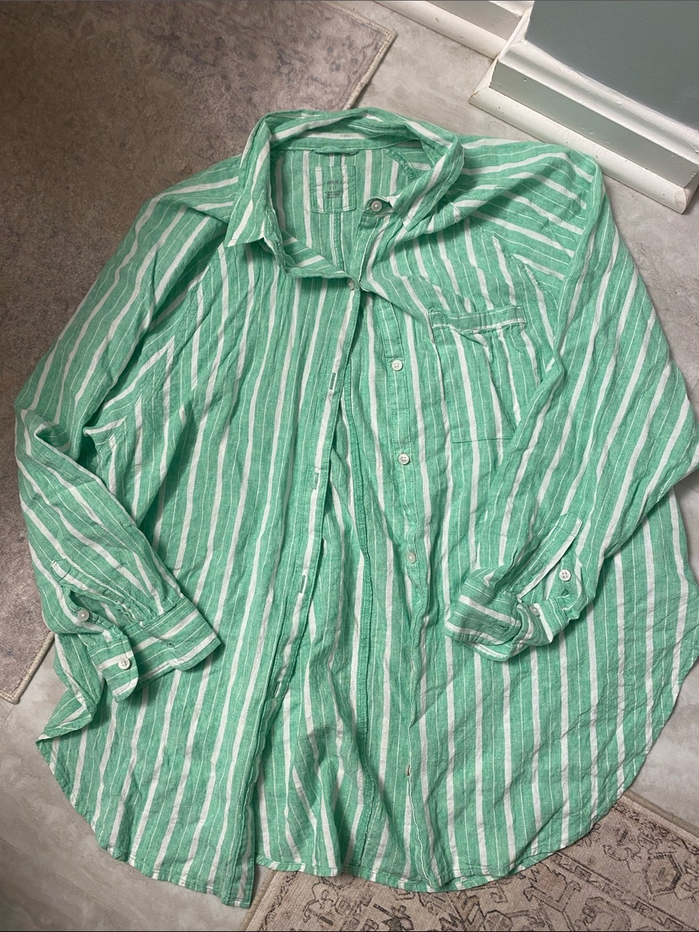 aerie Green & White Striped Button-Down Mens Style Shirt